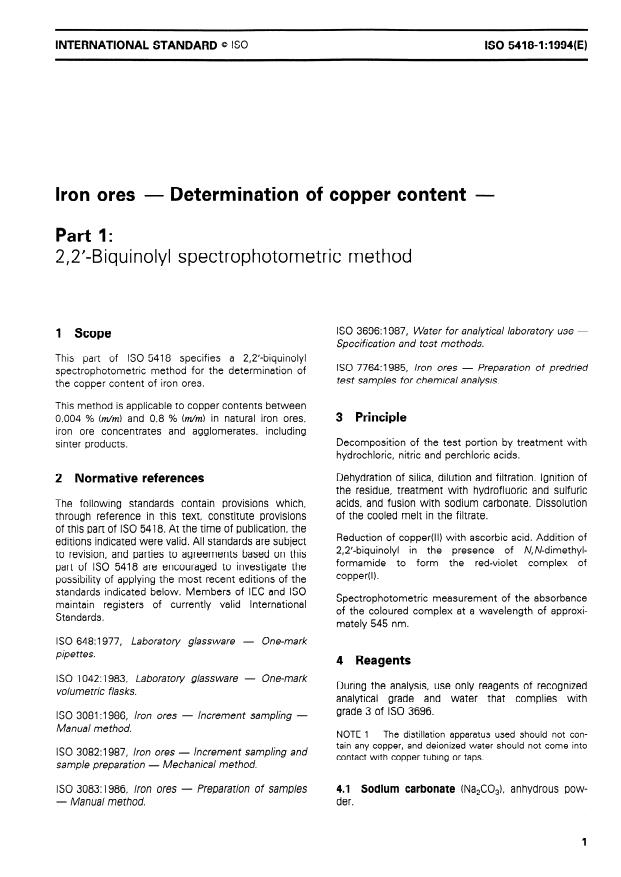 ISO 5418-1:1994 - Iron ores -- Determination of copper content