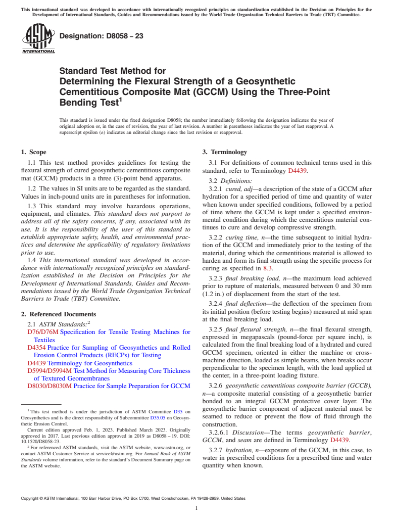 ASTM D8058-23 - Standard Test Method for Determining the Flexural Strength of a Geosynthetic Cementitious  Composite Mat (GCCM) Using the Three-Point Bending Test