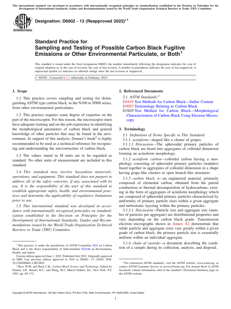 ASTM D6602-13(2022)e1 - Standard Practice for  Sampling and Testing of Possible Carbon Black Fugitive Emissions  or Other Environmental Particulate, or Both