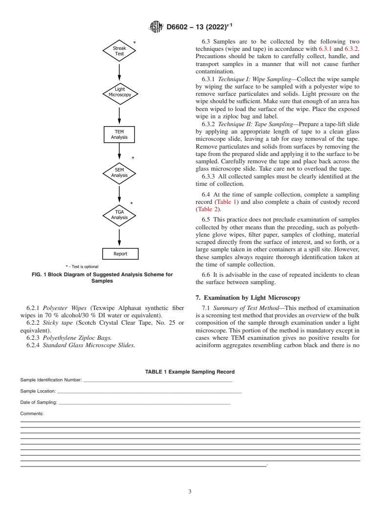 ASTM D6602-13(2022)e1 - Standard Practice for  Sampling and Testing of Possible Carbon Black Fugitive Emissions  or Other Environmental Particulate, or Both