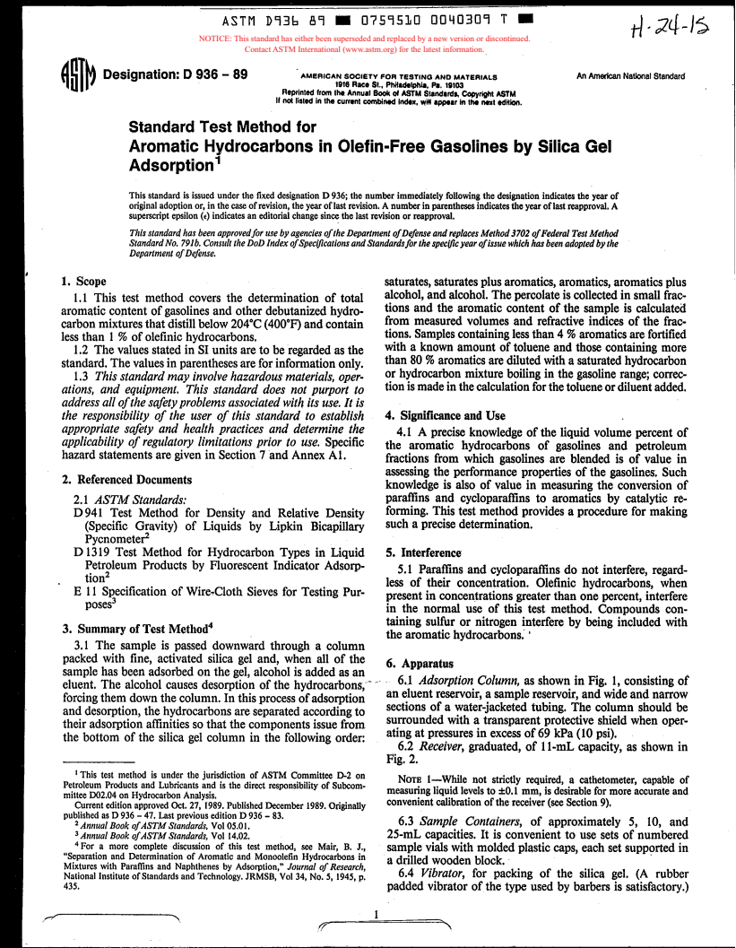 ASTM D936-89 - Method of Test for Aromatic Hydrocarbons in Olefin-Free Gasolines by Silica Gel Absorption (Withdrawn 1990)