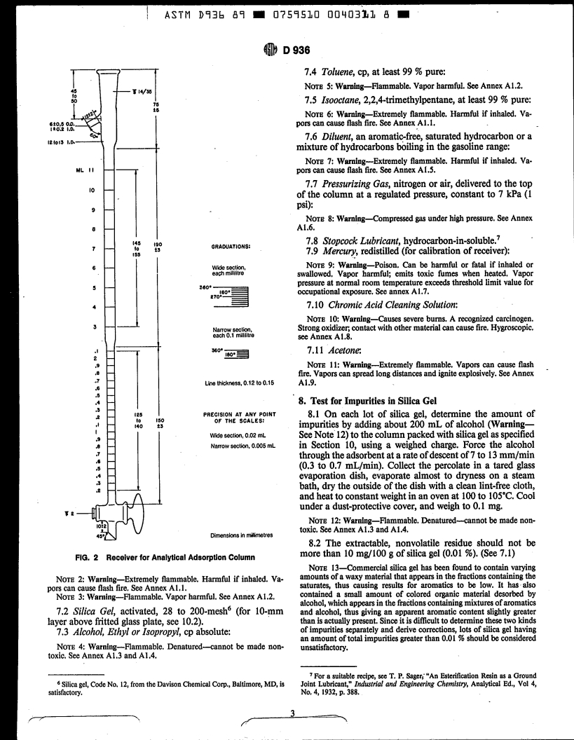 ASTM D936-89 - Method of Test for Aromatic Hydrocarbons in Olefin-Free Gasolines by Silica Gel Absorption (Withdrawn 1990)