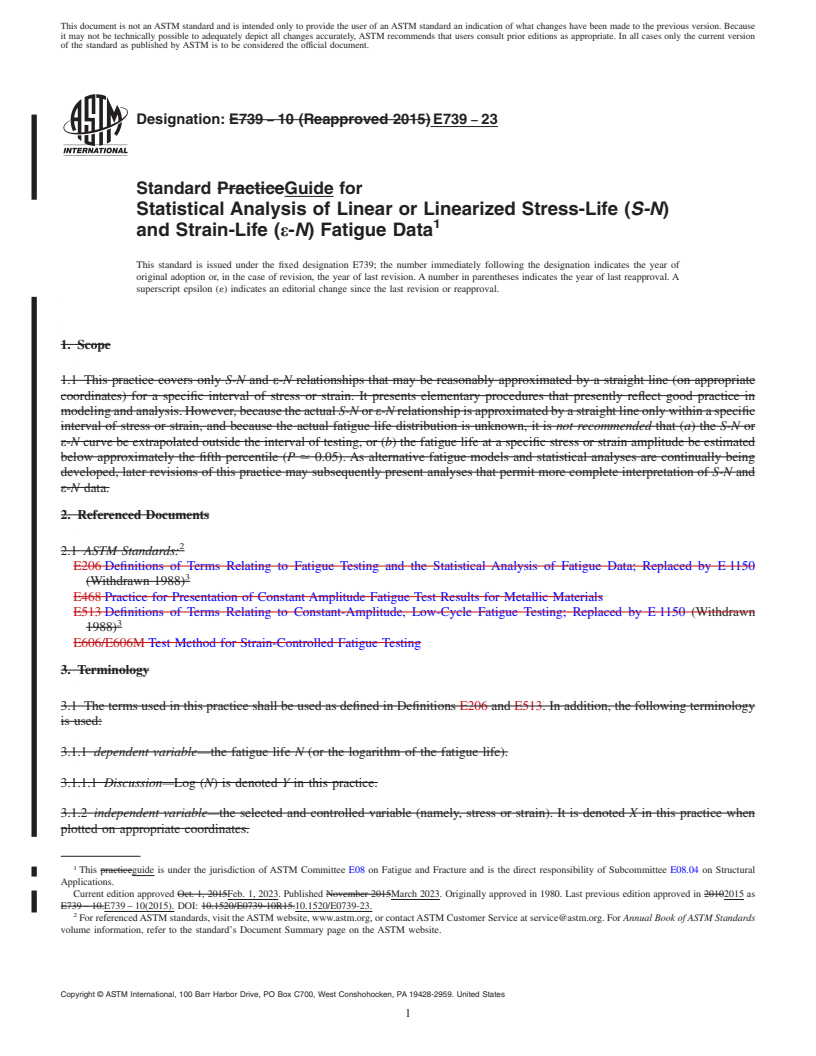 REDLINE ASTM E739-23 - Standard Guide for  Statistical Analysis of Linear or Linearized Stress-Life (<emph  type="bdit">S-N</emph>) and Strain-Life (ε-<emph type="bdit"  >N</emph>) Fatigue Data