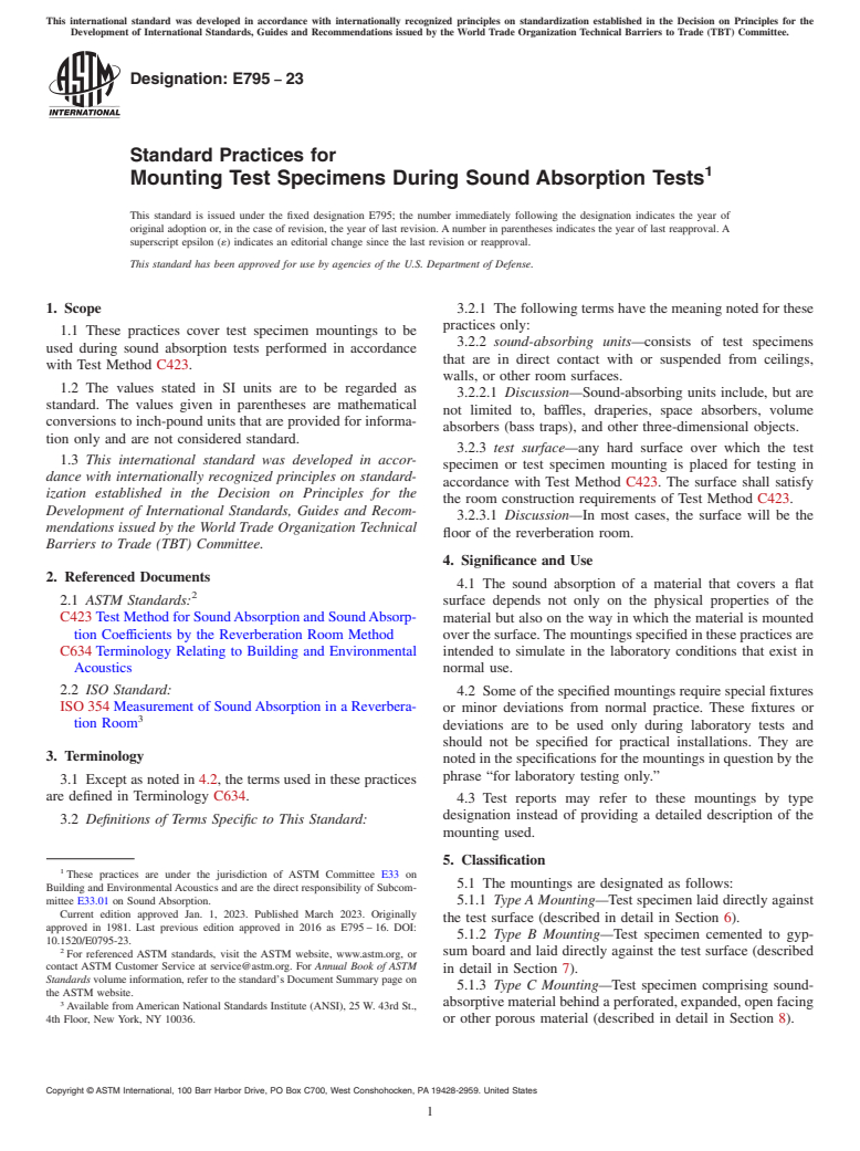 ASTM E795-23 - Standard Practices for Mounting Test Specimens During Sound Absorption Tests