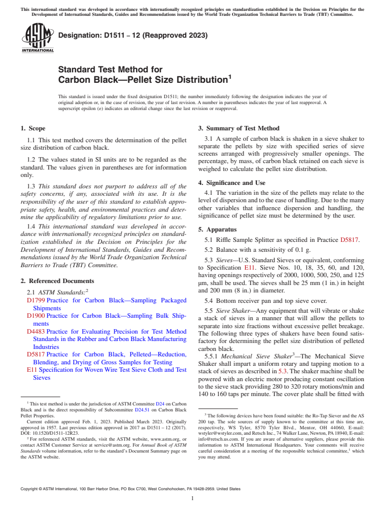 ASTM D1511-12(2023) - Standard Test Method for  Carbon Black—Pellet Size Distribution