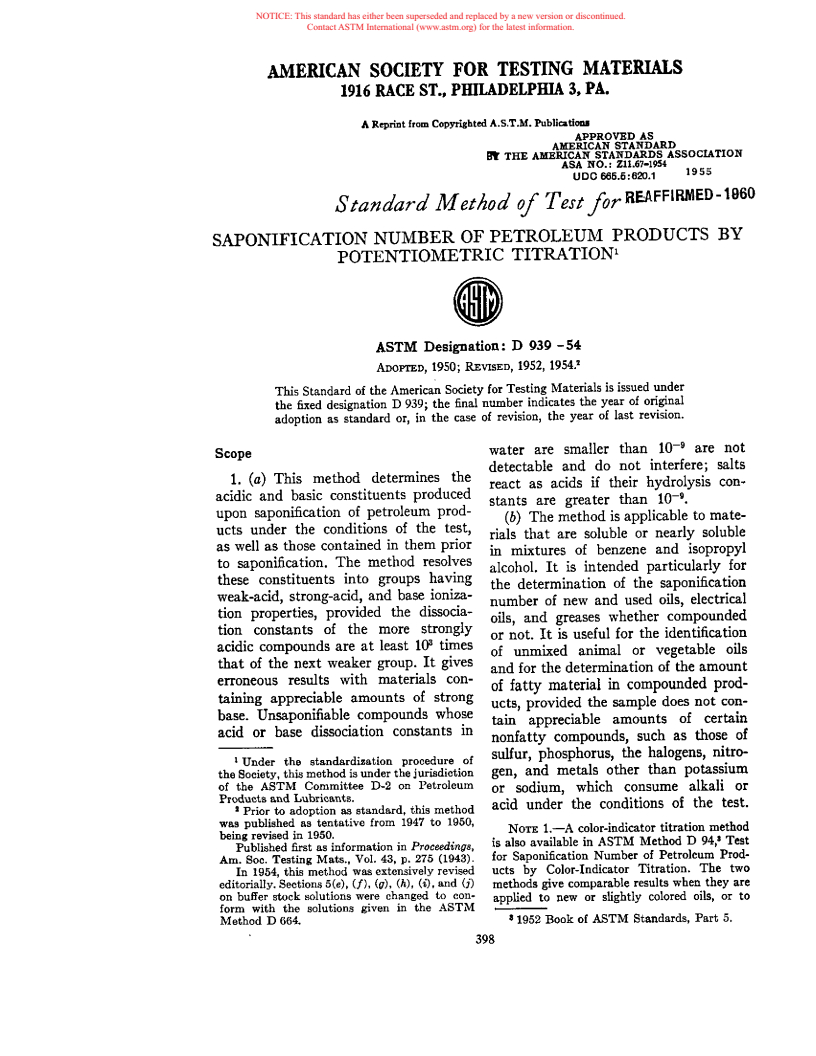 ASTM D939-54 - Method of Test for Saponification Number by Potentiometric Titration (Withdrawn 1962)