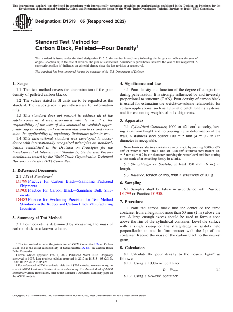 ASTM D1513-05(2023) - Standard Test Method for  Carbon Black, Pelleted—Pour Density