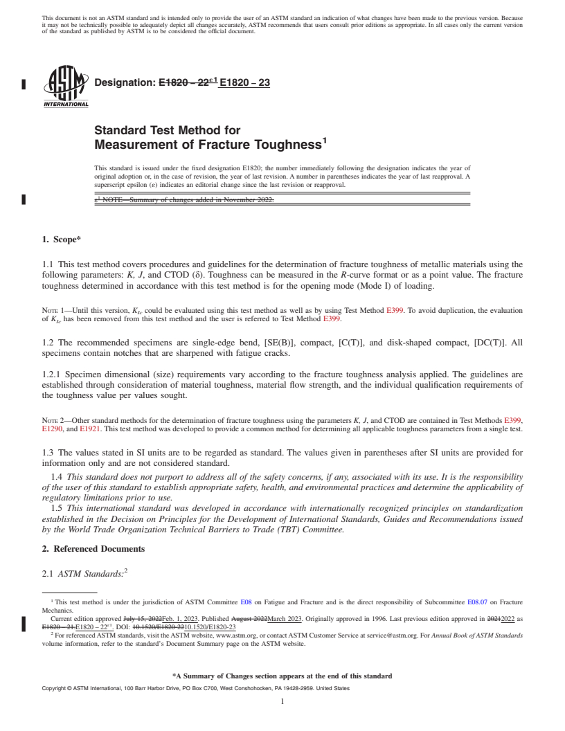 REDLINE ASTM E1820-23 - Standard Test Method for  Measurement of Fracture Toughness