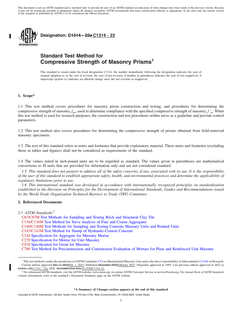 REDLINE ASTM C1314-23 - Standard Test Method for Compressive Strength of Masonry Prisms