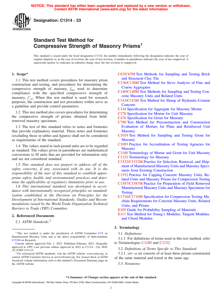 ASTM C1314-23 - Standard Test Method for Compressive Strength of Masonry Prisms