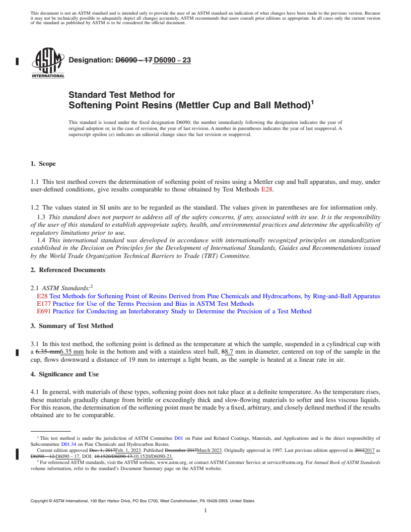 REDLINE ASTM D6090-23 - Standard Test Method for Softening Point Resins (Mettler Cup and Ball Method)