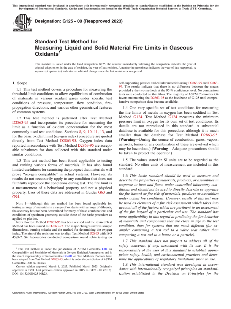 ASTM G125-00(2023) - Standard Test Method for  Measuring Liquid and Solid Material Fire Limits in Gaseous  Oxidants