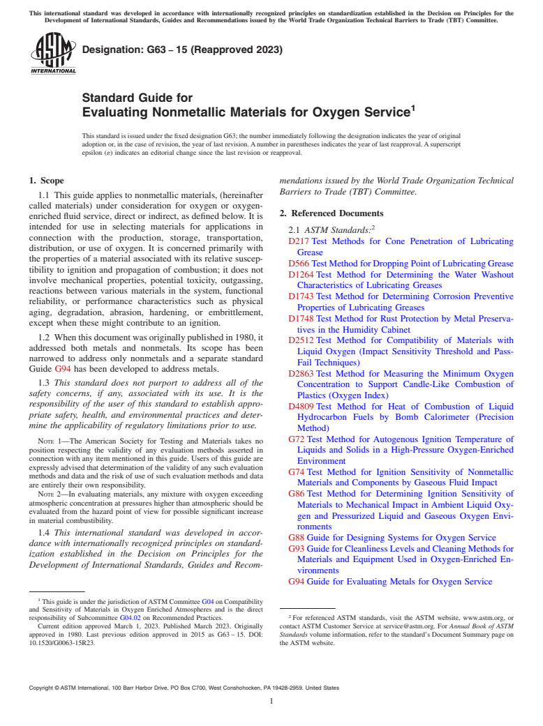 ASTM G63-15(2023) - Standard Guide for  Evaluating Nonmetallic Materials for Oxygen Service