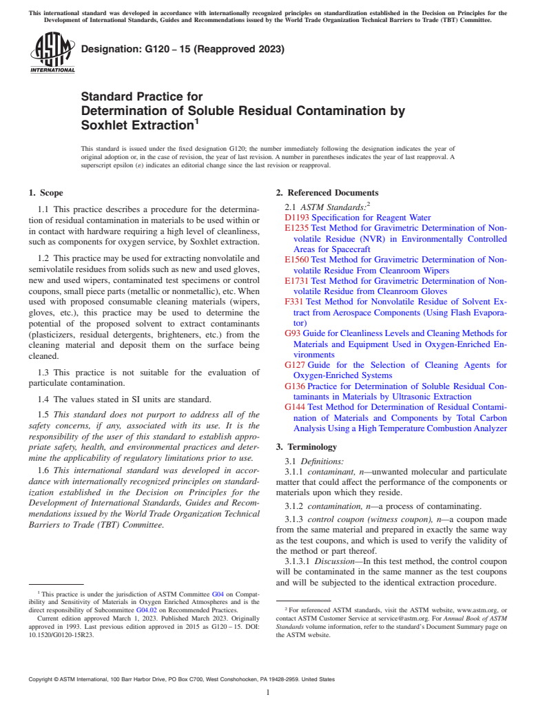 ASTM G120-15(2023) - Standard Practice for  Determination of Soluble Residual Contamination by Soxhlet  Extraction