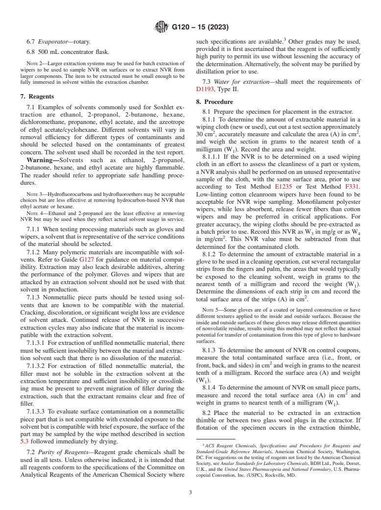 ASTM G120-15(2023) - Standard Practice for  Determination of Soluble Residual Contamination by Soxhlet  Extraction