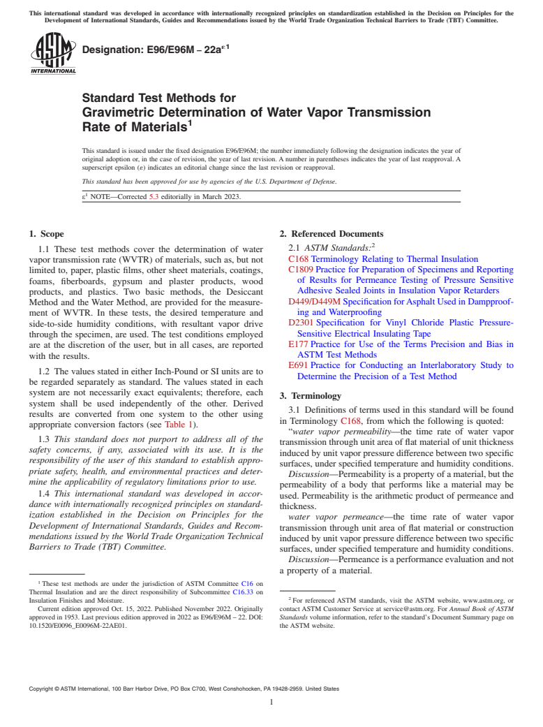 ASTM E96/E96M-22ae1 - Standard Test Methods for Gravimetric Determination of Water Vapor Transmission Rate  of Materials