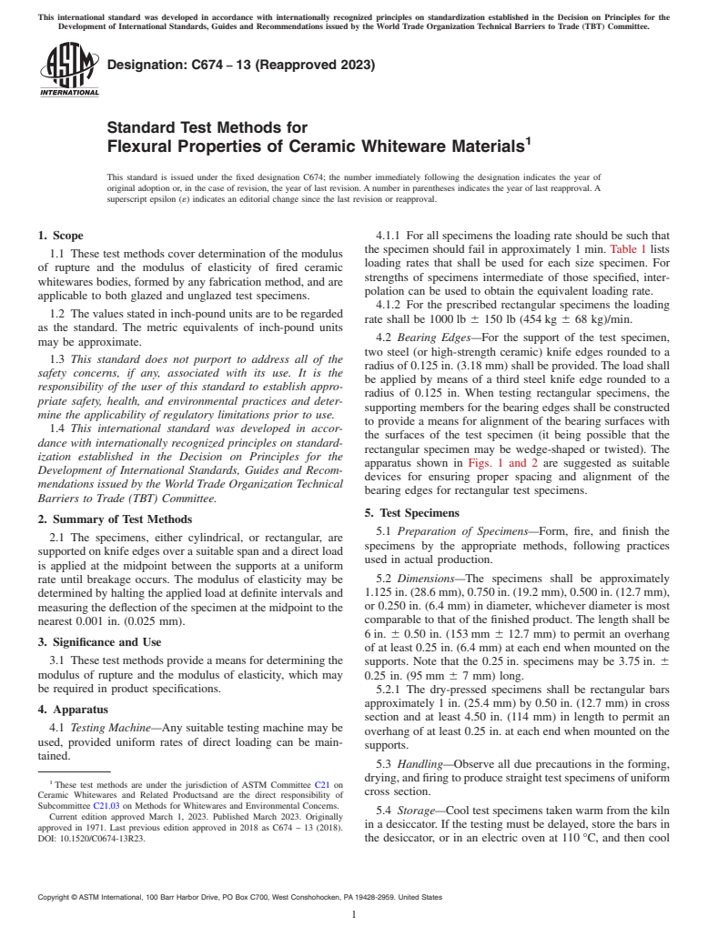 ASTM C674-13(2023) - Standard Test Methods for  Flexural Properties of Ceramic Whiteware Materials