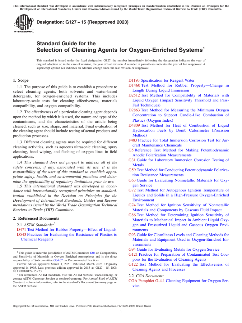 ASTM G127-15(2023) - Standard Guide for the  Selection of Cleaning Agents for Oxygen-Enriched Systems