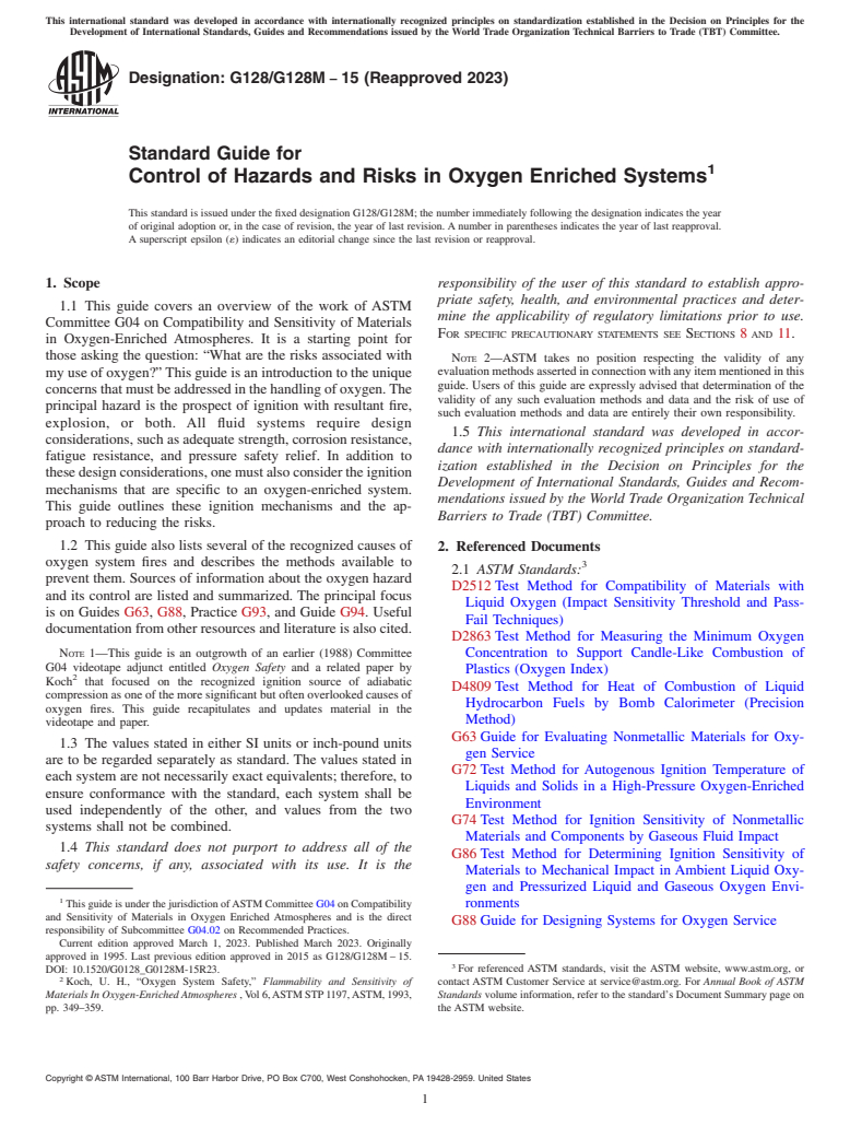 ASTM G128/G128M-15(2023) - Standard Guide for  Control of Hazards and Risks in Oxygen Enriched Systems