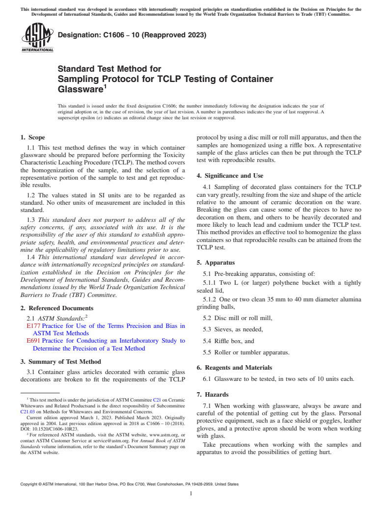 ASTM C1606-10(2023) - Standard Test Method for  Sampling Protocol for TCLP Testing of Container Glassware