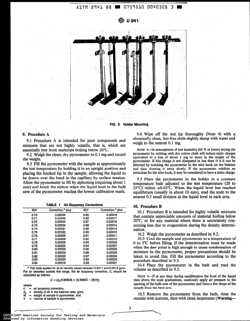 ASTM D941-88 - Test Method for Density and Relative Density (Specific Gravity) of Liquids by Lipkin Bicapillary Pycnometer (Withdrawn 1993)