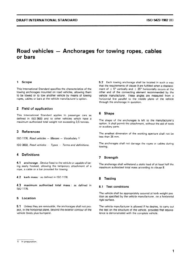 ISO 5422:1982 - Road vehicles -- Anchorages for towing ropes, cables or bars
