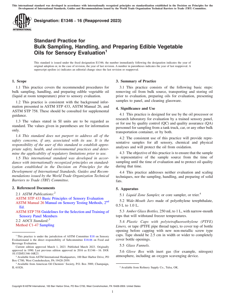 ASTM E1346-16(2023) - Standard Practice for  Bulk Sampling, Handling, and Preparing Edible Vegetable Oils  for Sensory Evaluation