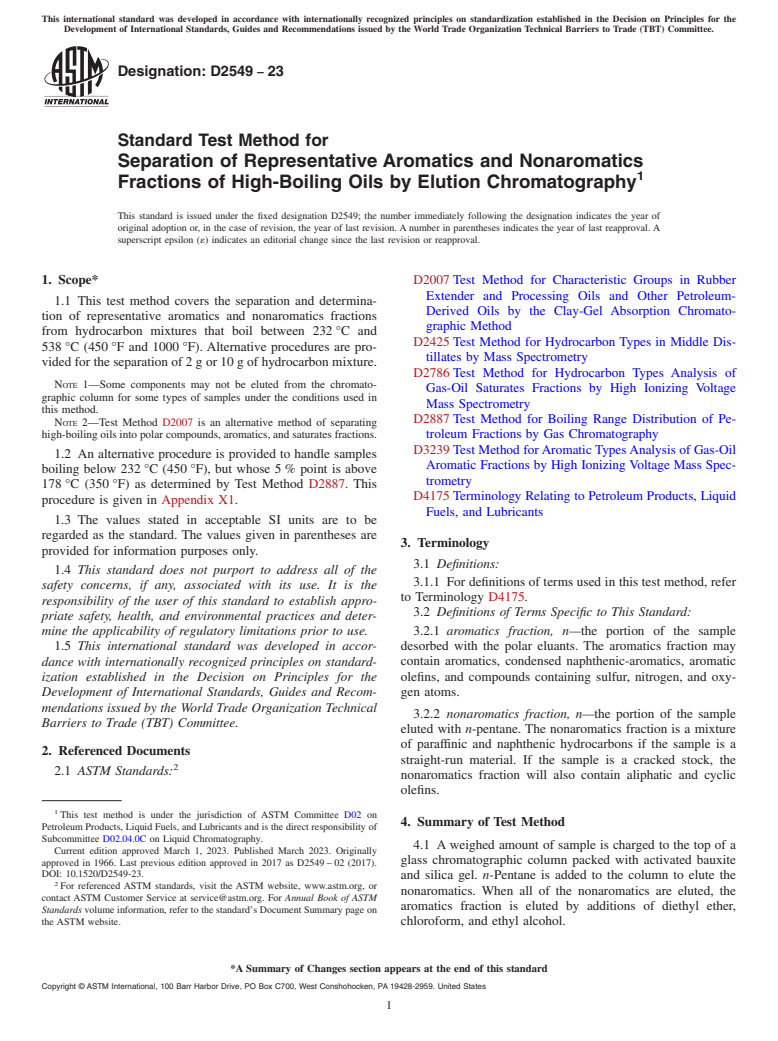 ASTM D2549-23 - Standard Test Method for  Separation of Representative Aromatics and Nonaromatics Fractions   of High-Boiling Oils by Elution Chromatography