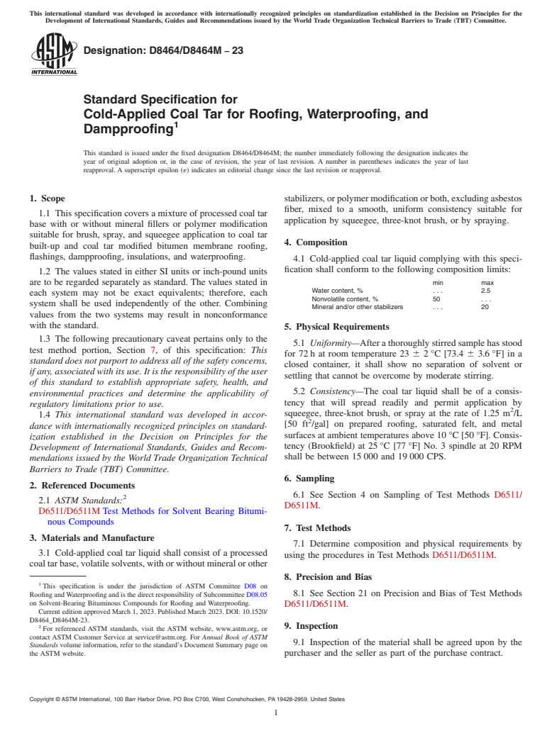 ASTM D8464/D8464M-23 - Standard Specification for Cold-Applied Coal Tar for Roofing, Waterproofing, and Dampproofing