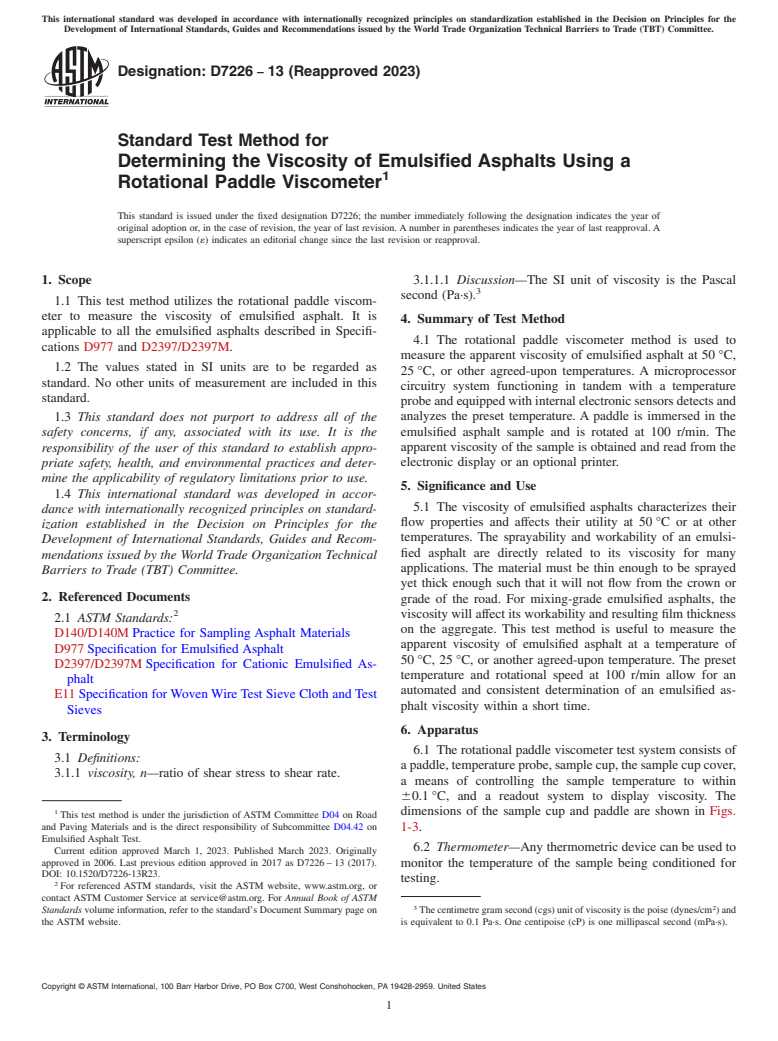 ASTM D7226-13(2023) - Standard Test Method for  Determining the Viscosity of Emulsified Asphalts Using a Rotational  Paddle Viscometer