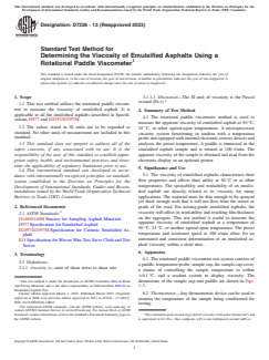 ASTM D7226-13(2023) ASTM D7226-13(2023) - Standard Test Method for Determining the Viscosity of Emulsified Asphalts Using a Rotational Paddle Viscometer - Page 1 preview