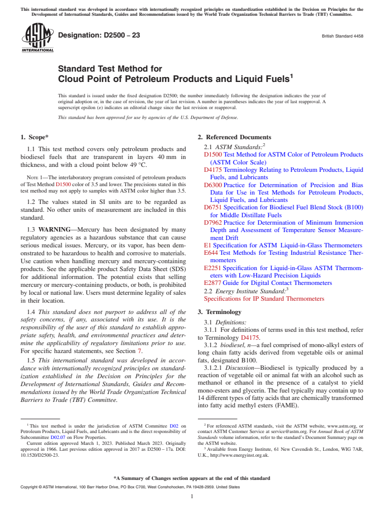 ASTM D2500-23 - Standard Test Method for Cloud Point of Petroleum Products and Liquid Fuels