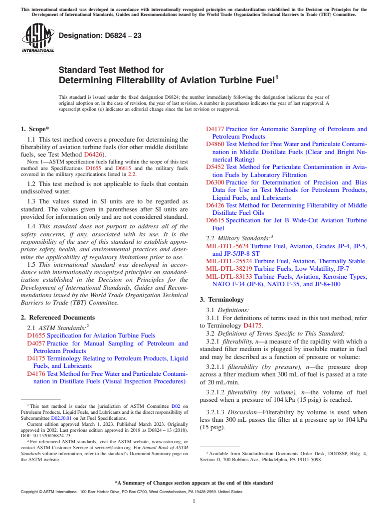 ASTM D6824-23 - Standard Test Method for  Determining Filterability of Aviation Turbine Fuel