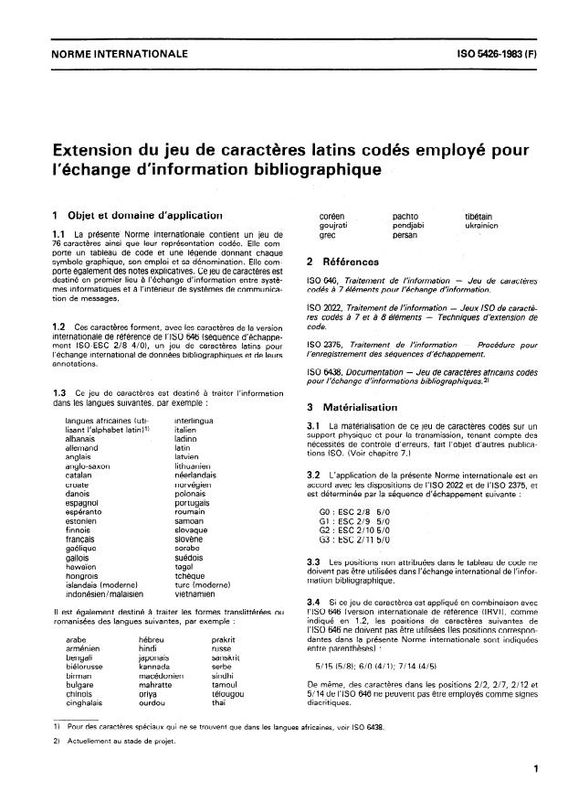 ISO 5426:1983 - Extension du jeu de caracteres latins codés employé pour l'échange d'information bibliographique