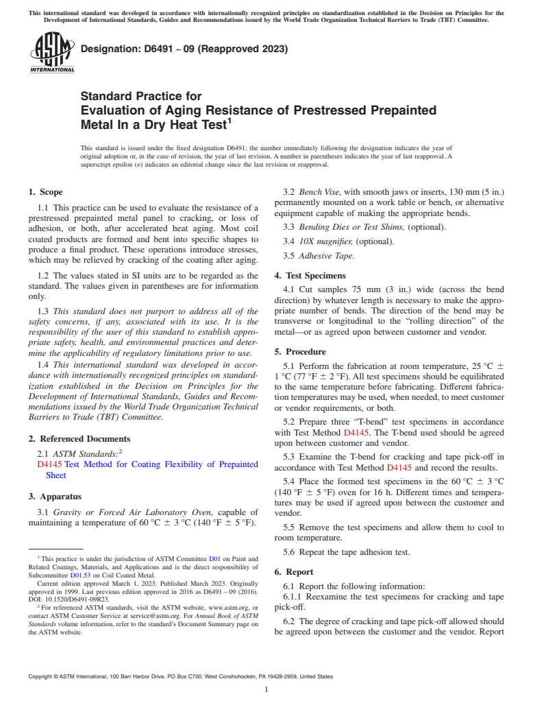 ASTM D6491-09(2023) - Standard Practice for Evaluation of Aging Resistance of Prestressed Prepainted Metal  In a Dry Heat Test