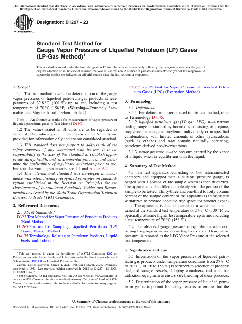 ASTM D1267-23 - Standard Test Method for Gauge Vapor Pressure of Liquefied Petroleum (LP) Gases (LP-Gas   Method)