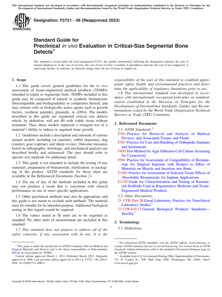 ASTM F2721-09(2023) - Standard Guide for  Preclinical <emph type="ital">in vivo</emph> Evaluation in  Critical-Size Segmental Bone Defects