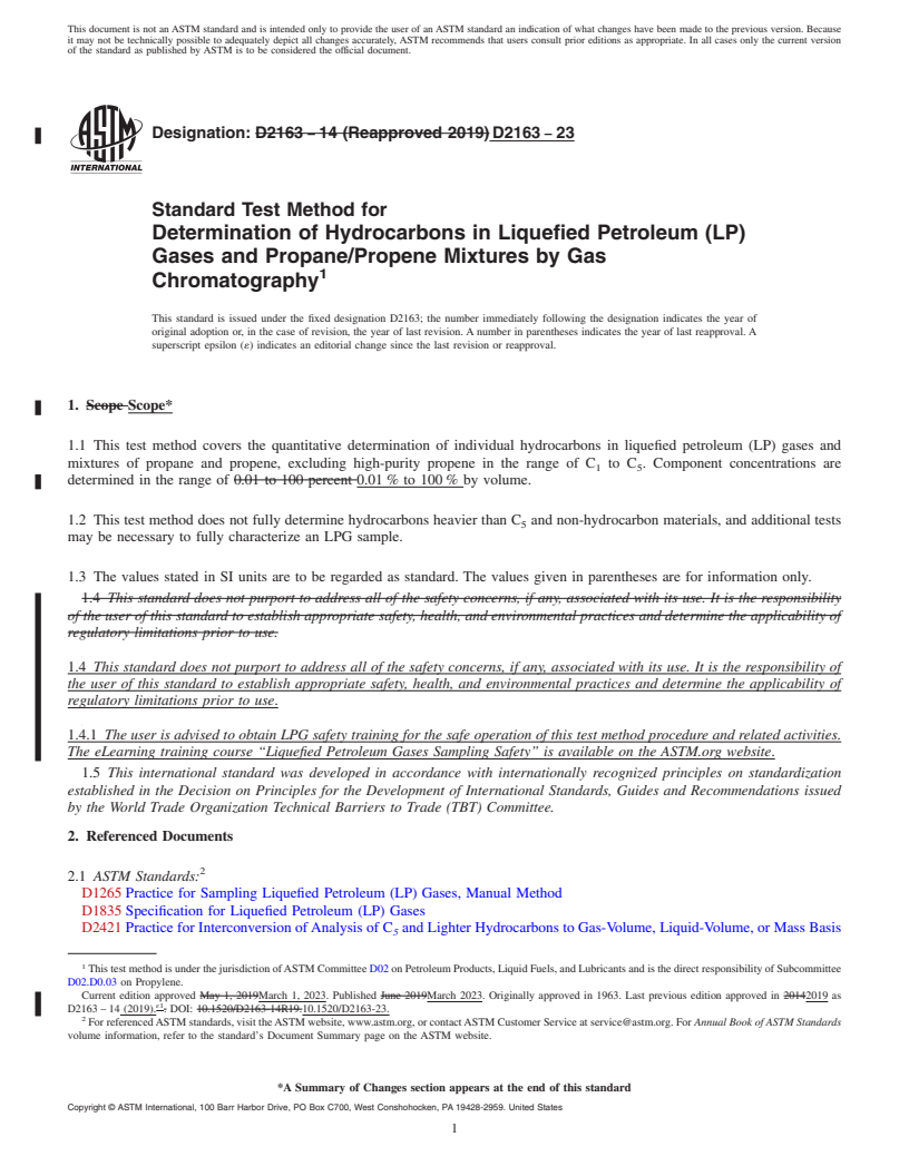 REDLINE ASTM D2163-23 - Standard Test Method for  Determination of Hydrocarbons in Liquefied Petroleum (LP) Gases  and Propane/Propene Mixtures by Gas Chromatography