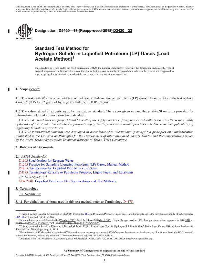 REDLINE ASTM D2420-23 - Standard Test Method for Hydrogen Sulfide in Liquefied Petroleum (LP) Gases (Lead Acetate  Method)