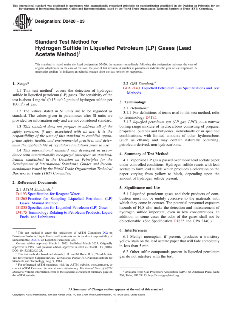 ASTM D2420-23 - Standard Test Method for Hydrogen Sulfide in Liquefied Petroleum (LP) Gases (Lead Acetate  Method)