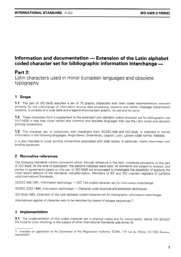 ISO 5426-2:1996 - Information and documentation -- Extension of the Latin alphabet coded character set for bibliographic information interchange