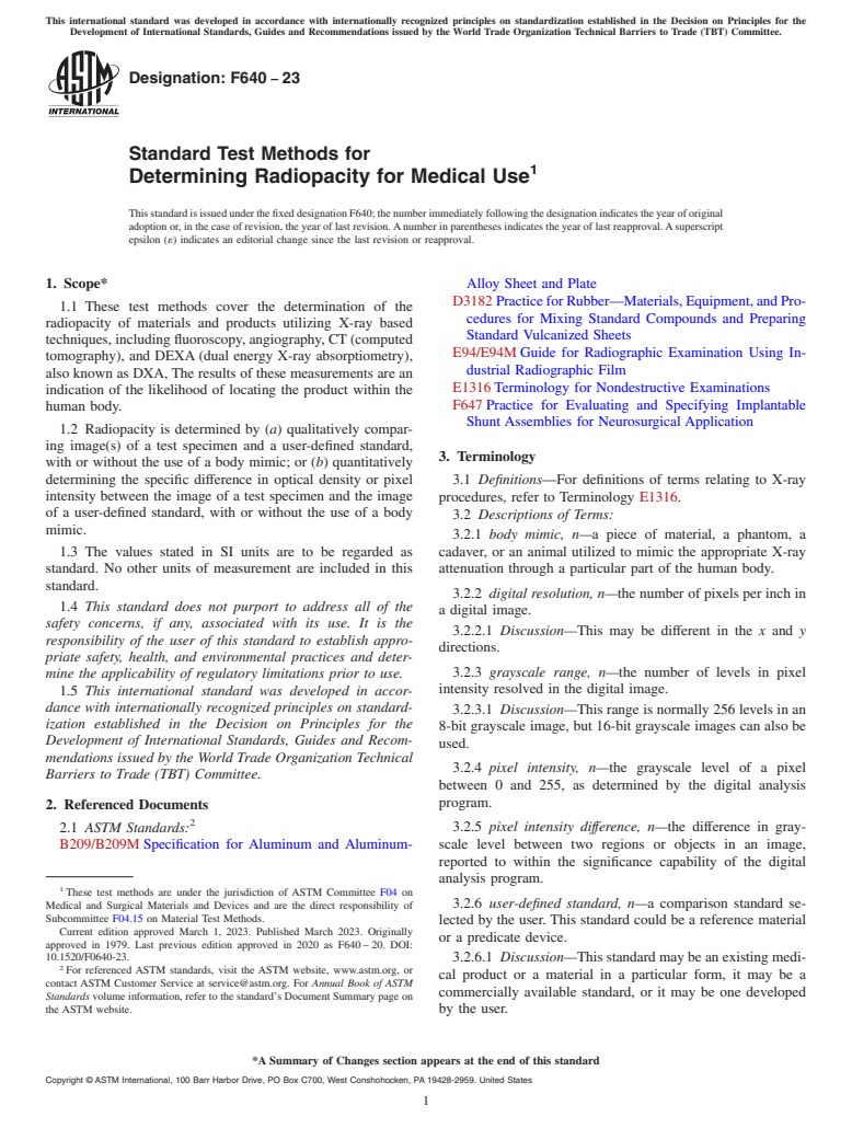 ASTM F640-23 - Standard Test Methods for Determining Radiopacity for Medical Use