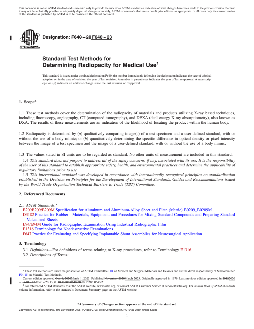 REDLINE ASTM F640-23 - Standard Test Methods for Determining Radiopacity for Medical Use