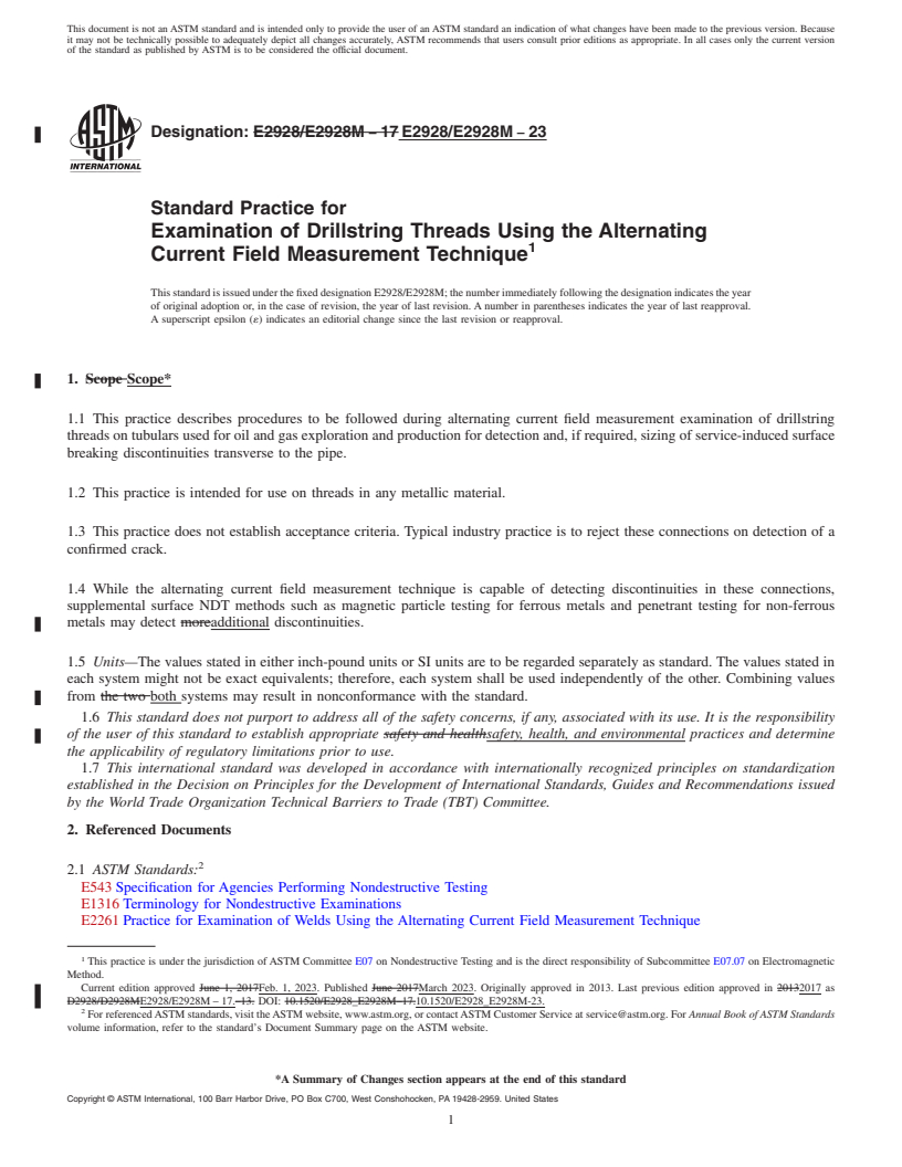 REDLINE ASTM E2928/E2928M-23 - Standard Practice for Examination of Drillstring Threads Using the Alternating Current  Field Measurement Technique