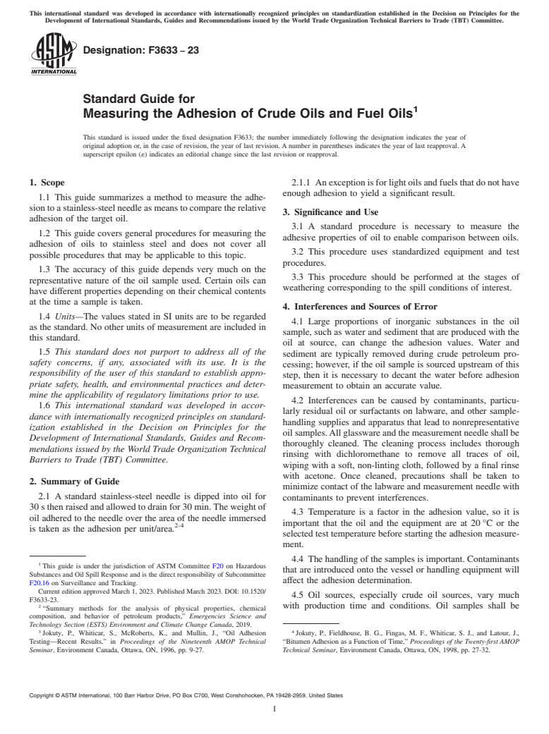 ASTM F3633-23 - Standard Guide for Measuring the Adhesion of Crude Oils and Fuel Oils