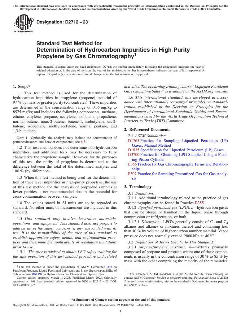 ASTM D2712-23 - Standard Test Method for  Determination of Hydrocarbon Impurities in High Purity Propylene  by Gas Chromatography