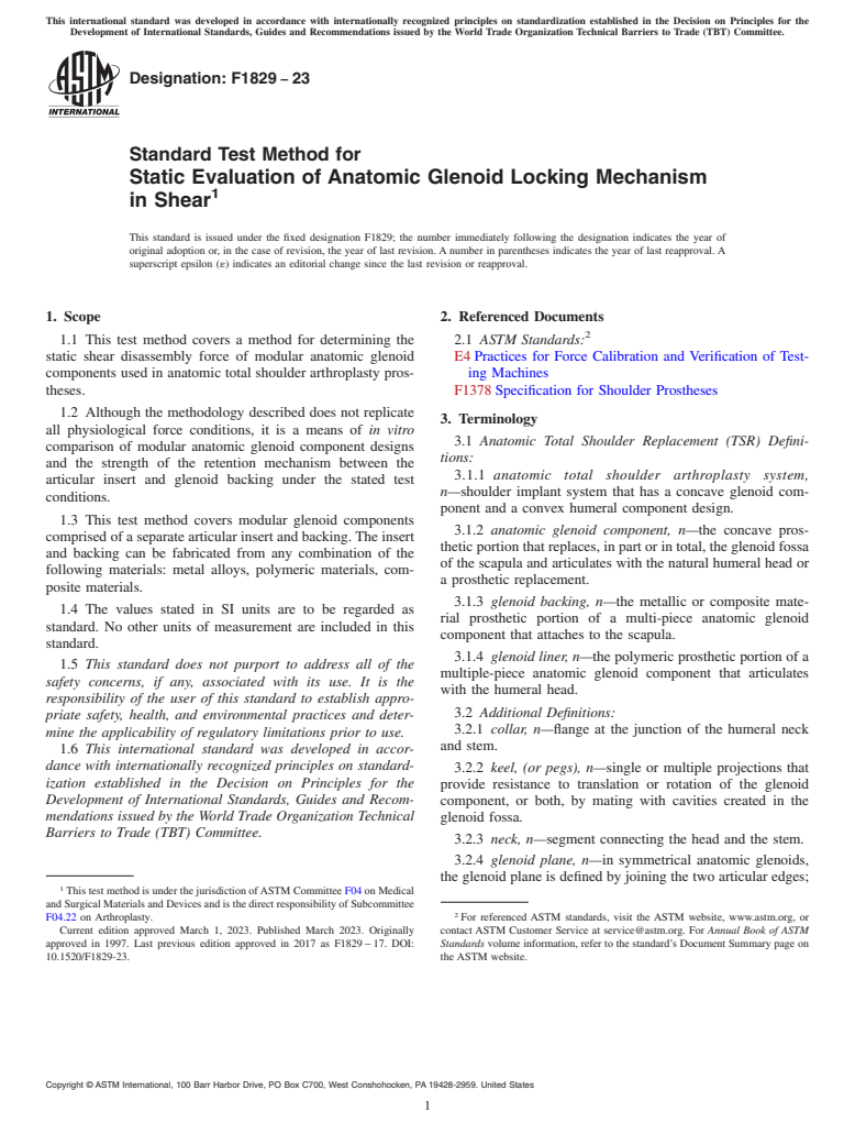 ASTM F1829-23 - Standard Test Method for Static Evaluation of Anatomic Glenoid Locking Mechanism in  Shear