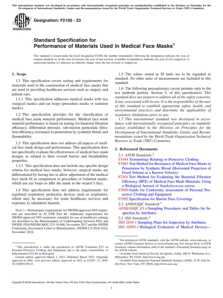 ASTM F2100-23 - Standard Specification for Performance of Materials Used in Medical Face Masks