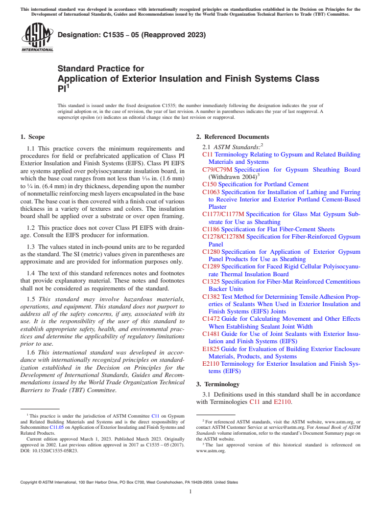 ASTM C1535-05(2023) - Standard Practice for  Application of Exterior Insulation and Finish Systems Class  PI