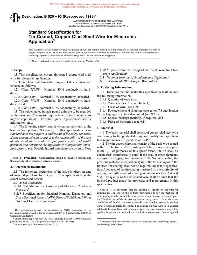 ASTM B520-93(1998)e1 - Standard Specification for Tin-Coated, Copper-Clad Steel Wire for Electronic Application